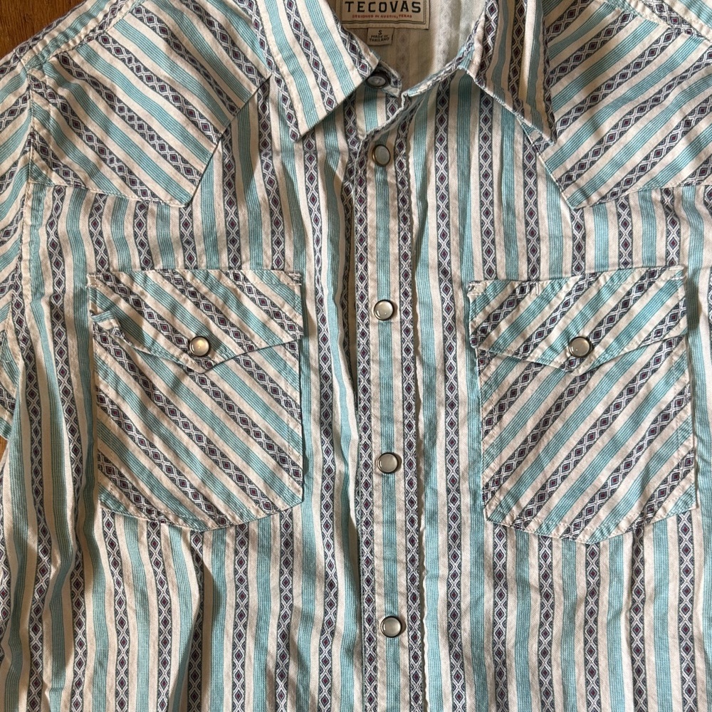 Tecovas Aqua and White Striped Men's Button-Down Western Shirt - Picture 3 of 5